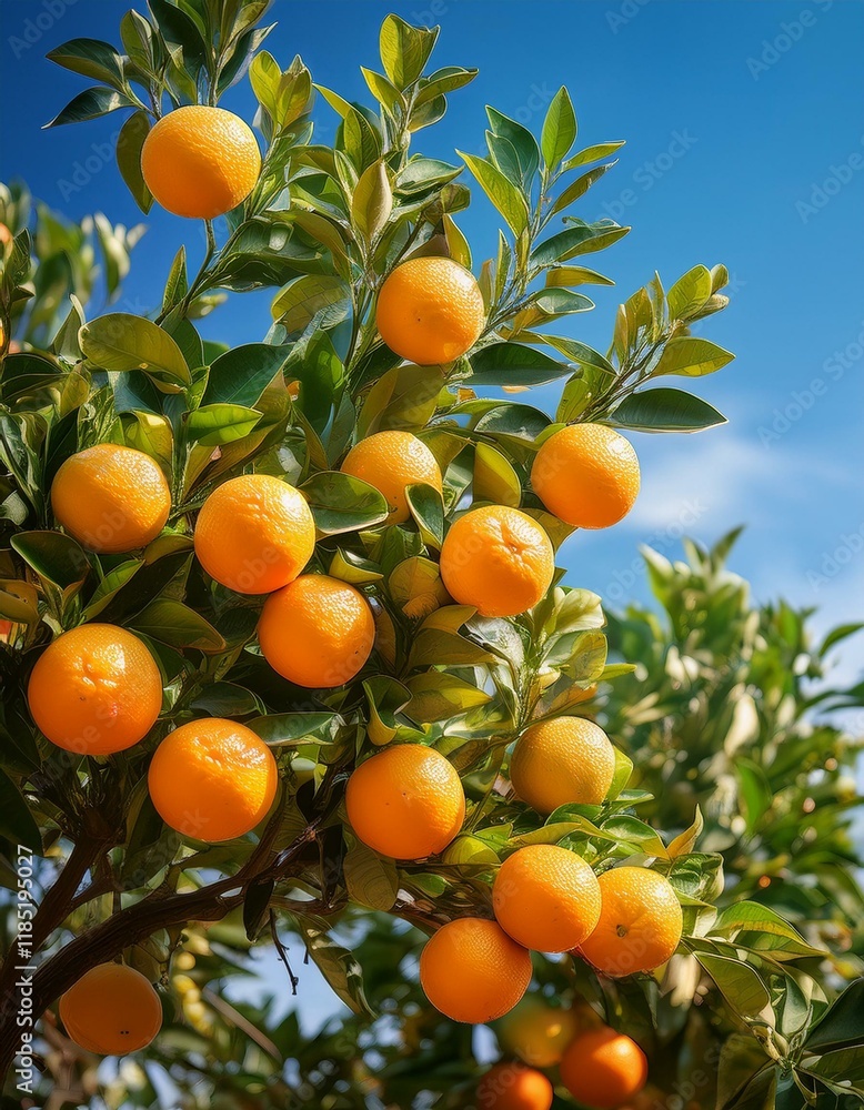 Juicy oranges hanging from a tree branch against a vibrant blue sky. Juicy oranges hanging from a tree branch against a vibrant blue sky.