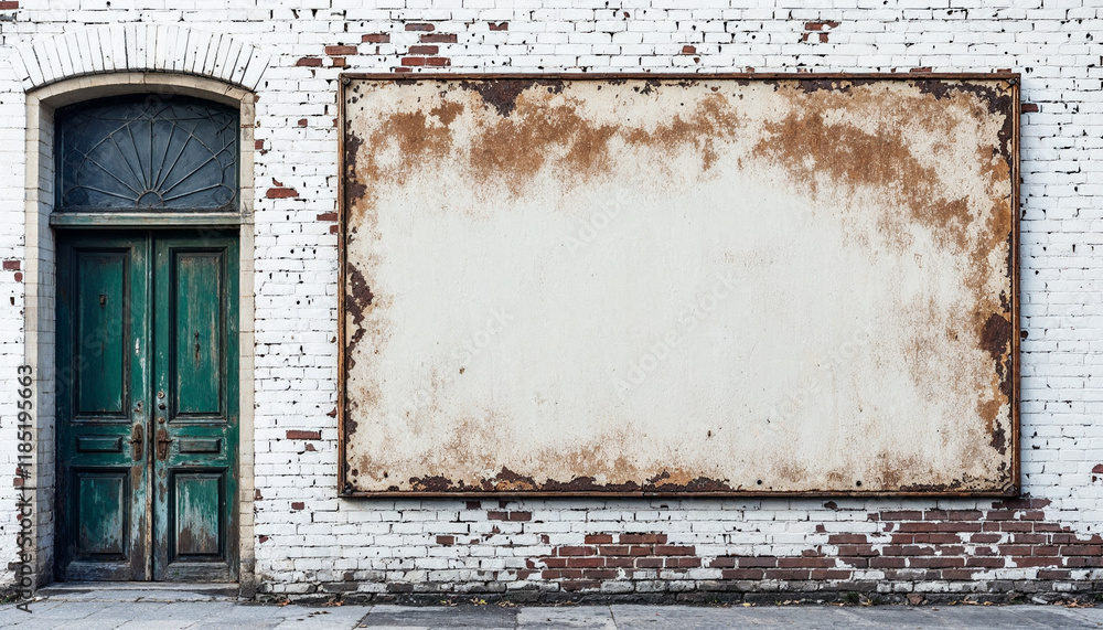 Naklejka premium Vintage sign mockup of large blank signage on the side of a brick building exterior wall with rough crumbling bricks and peeling paint