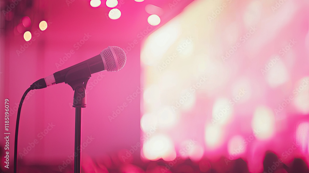Obraz premium Microphone on stage with vibrant pink background lights
