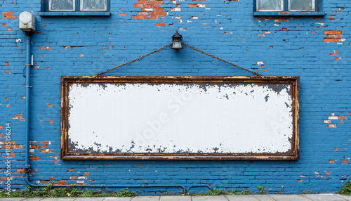 Vintage sign mockup of large blank signage on the side of a brick building exterior wall with rough crumbling bricks and peeling paint
