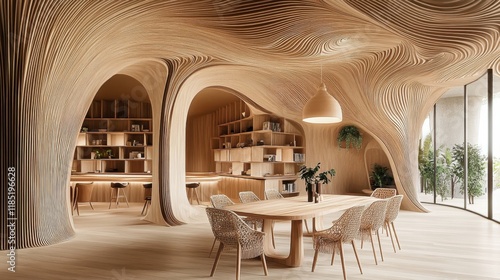 Elegant dining room, arched doorways, warm wood tones, built-in bookshelves, round dining table, modern pendant light, minimalist chairs, large window, indoor plants, neutral color palette, cozy inter