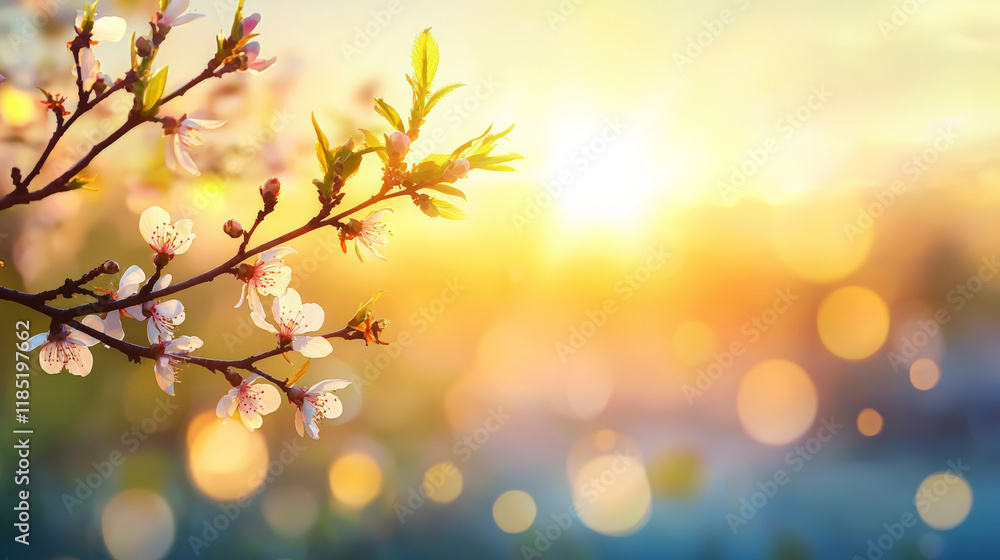 Obraz premium Blossoming cherry tree branches in sunset light create serene atmosphere