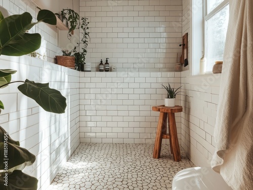 Sunlit Modern Bathroom With White Tiles and Plants