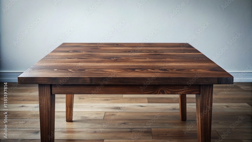Empty Dark Brown Wooden Table Mockup - Clean White Background, Drone Aerial Perspective Empty Dark Brown Wooden Table Mockup - Clean White Background, Drone Aerial Perspective