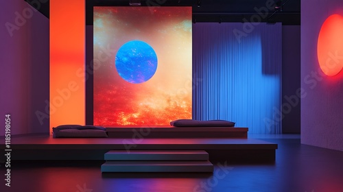 A modern stage with a glowing LED backdrop and sleek, modular set pieces  photo