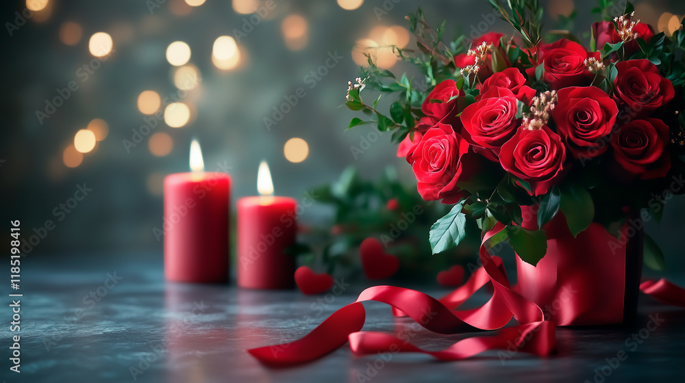 Obraz premium Red roses and candles, love and romance, valentine's day background