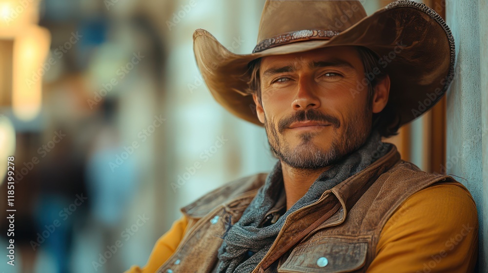 Handsome cowboy leaning against a building, wearing a leather vest and hat. Handsome cowboy leaning against a building, wearing a leather vest and hat.