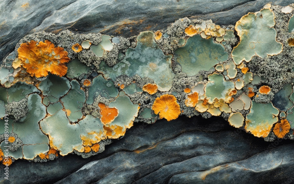 Fototapeta premium Bright orange and green lichen covers a rocky surface, showcasing intricate patterns and textures. This vibrant display of nature can be found in a forested area under soft daylight