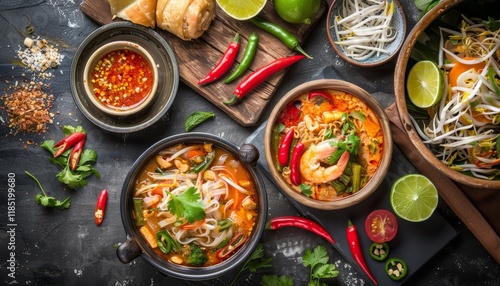 A selection of bowls with Asian inspired noodle soups, garnished with fresh chilies, limes, bean sprouts, and herbs. photo