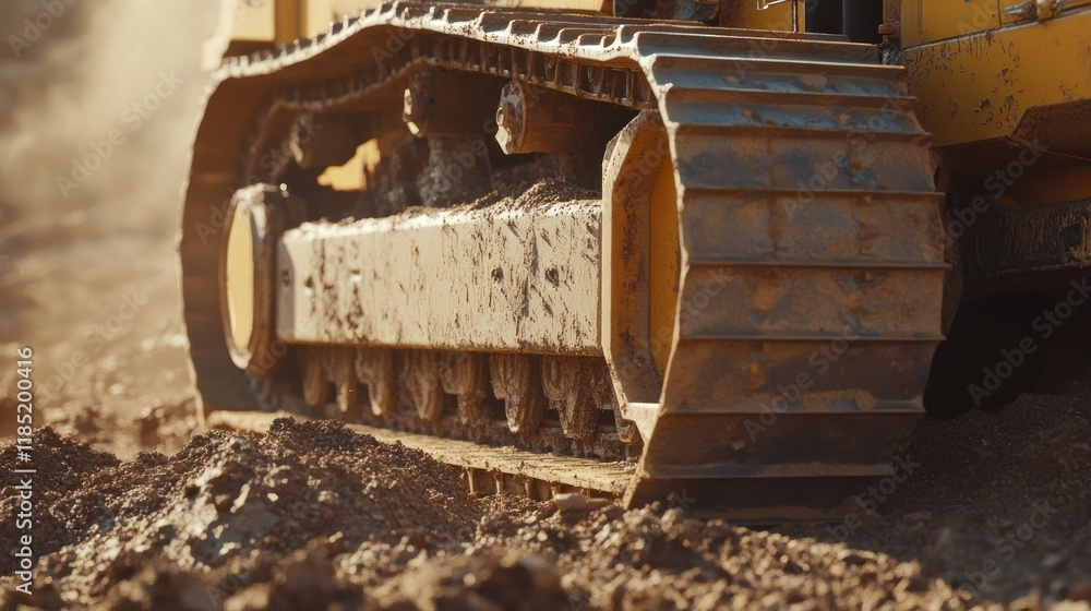 A close-up shot of a crawler bulldozer’s metal tracks crushing through dirt, realistic grime and texture, cinematic perspective A close-up shot of a crawler bulldozer’s metal tracks crushing through dirt, realistic grime and texture, cinematic perspective
