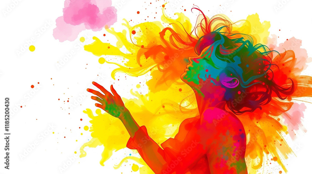 Fototapeta premium Vibrant watercolor portrait of a woman, her hair flowing like colorful paint. A joyful expression of creativity and freedom.