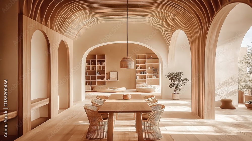 Minimalist interior design, curved archways, soft beige tones, circular wooden dining table, built-in shelving, organic shapes, natural light, warm ambiance, terracotta floor tiles, Mediterranean-insp Minimalist interior design, curved archways, soft beige tones, circular wooden dining table, built-in shelving, organic shapes, natural light, warm ambiance, terracotta floor tiles, Mediterranean-insp