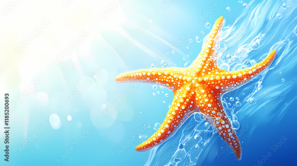 Bright orange starfish on a blue background above water surface. starshade. illustration. Starshade. Illustration Bright orange starfish on a blue background above water surface. starshade. illustration. Starshade. Illustration