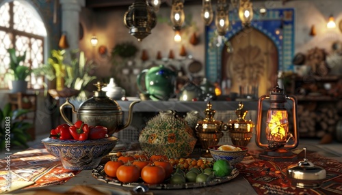 A rustic table setting in a traditional Turkish home with a beautiful rug, antique teapot and bowls of fruit.