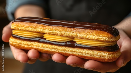 Scrumptious Chocolate Ã‰clair: A Decadent Pastry Delight. Indulge in this rich, creamy, and chocolatey treat, perfect for satisfying your sweet cravings. photo