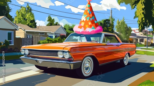 Retro car with birthday hat on a sunny residential street. photo