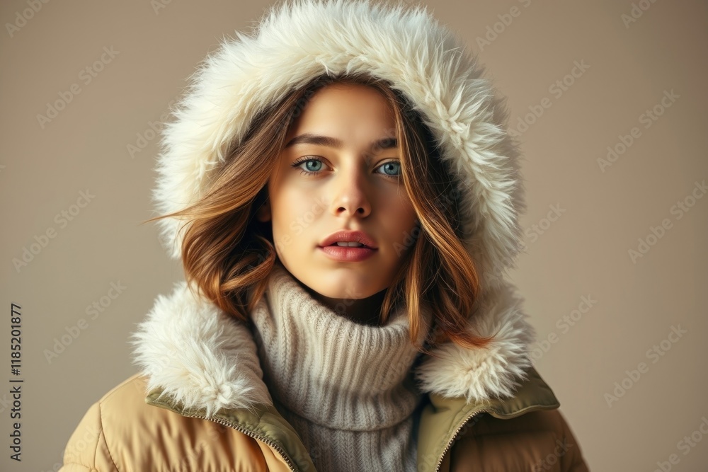 A fashionable woman radiates youthful charm in stylish winter attire, showcasing a warm coat with a fur-lined hood and a soft turtleneck in a cozy setting A fashionable woman radiates youthful charm in stylish winter attire, showcasing a warm coat with a fur-lined hood and a soft turtleneck in a cozy setting