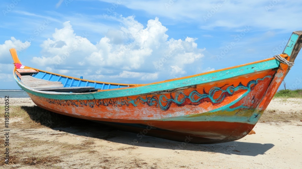 Colorful wooden fishing boat on sandy beach under blue sky. Colorful wooden fishing boat on sandy beach under blue sky.