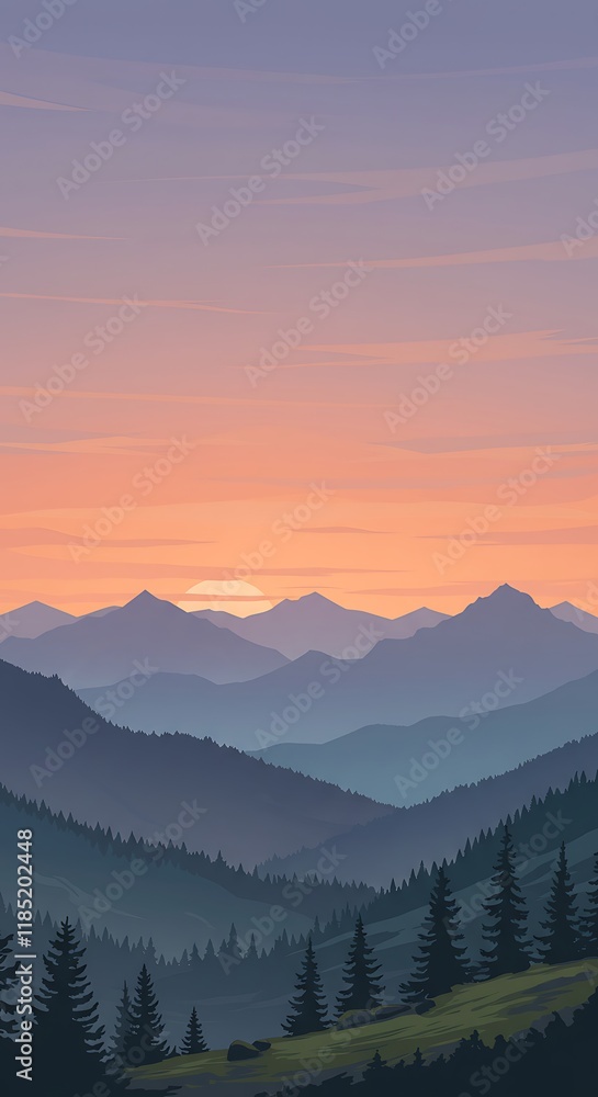 Obraz premium Seamless landscape. Beautiful sunset at mountains. Vector illustration 