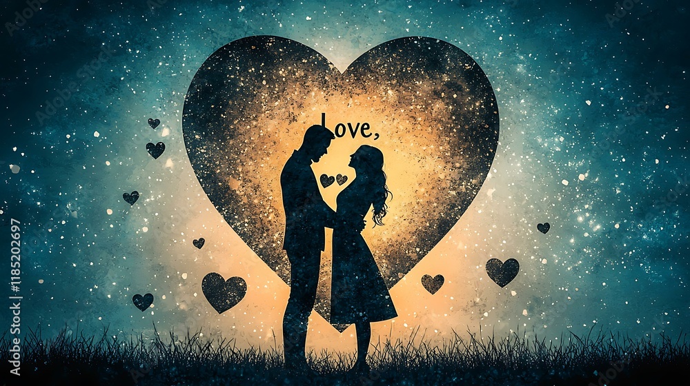 Obraz premium A couple holding a heart-shaped sign with the word 