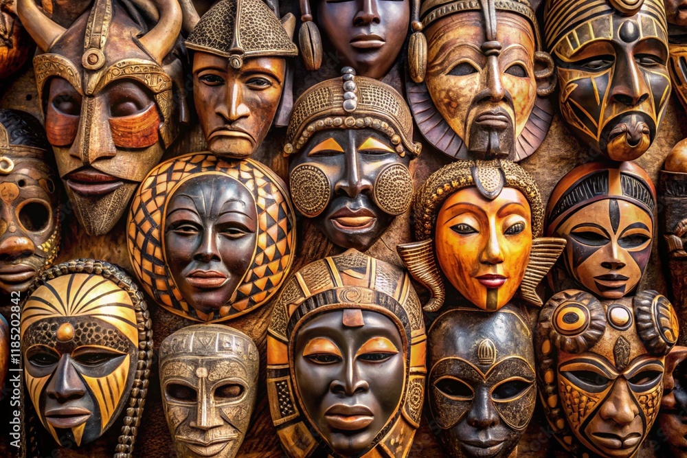Vibrant collection of authentic African tribal masks with intricate designs, representing cultural heritage, tradition, and artistry Vibrant collection of authentic African tribal masks with intricate designs, representing cultural heritage, tradition, and artistry