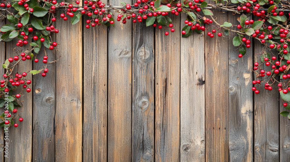 Fototapeta premium Wooden fence adorned with vibrant red berries, creating rustic charm