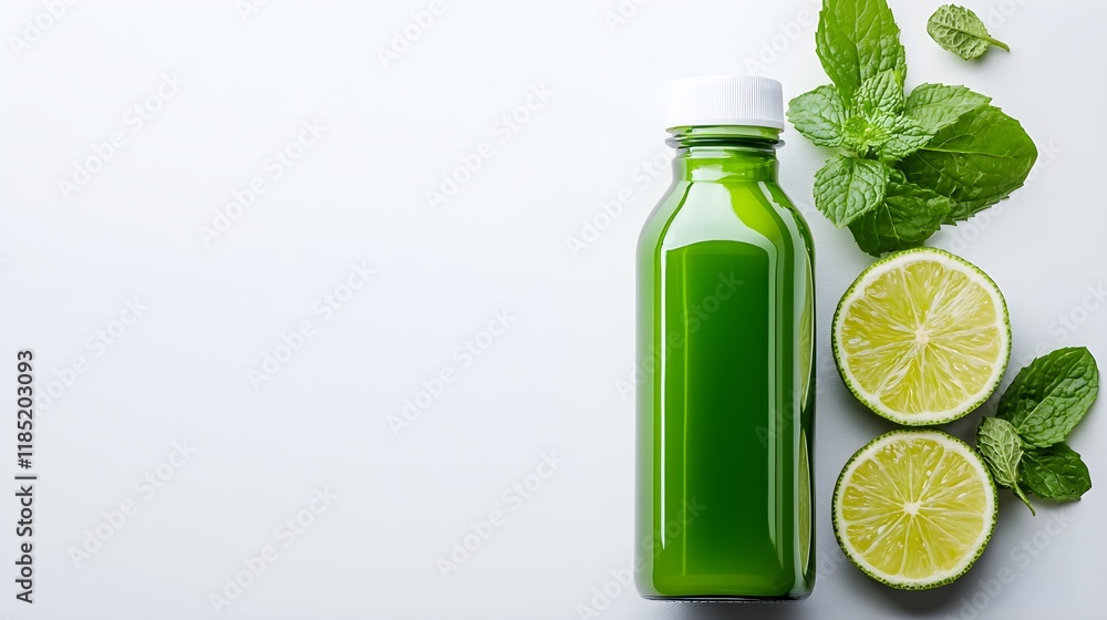 Fresh organic health drink with vibrant fruits and herbs, sleek bottle on white background, spacious ad design for text overlay, clean and minimalist Fresh organic health drink with vibrant fruits and herbs, sleek bottle on white background, spacious ad design for text overlay, clean and minimalist