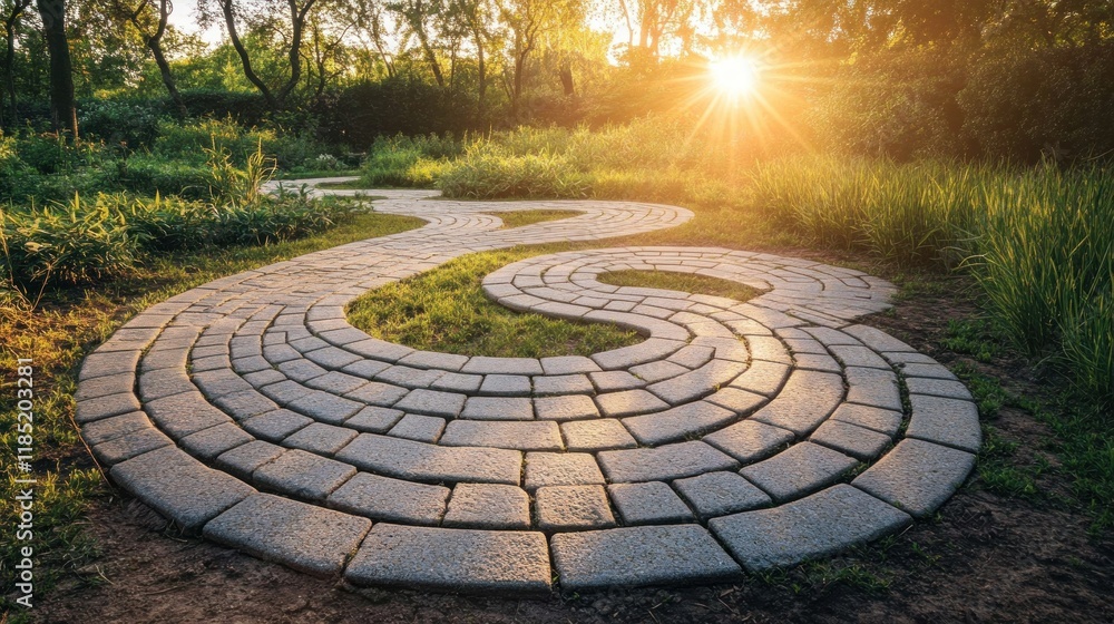 A winding stone pathway through a lush garden, illuminated by a warm sunset. A winding stone pathway through a lush garden, illuminated by a warm sunset.