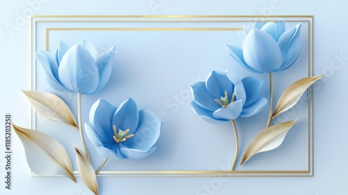 Blue tulips, gold frame, pastel background, 3D render, wall art