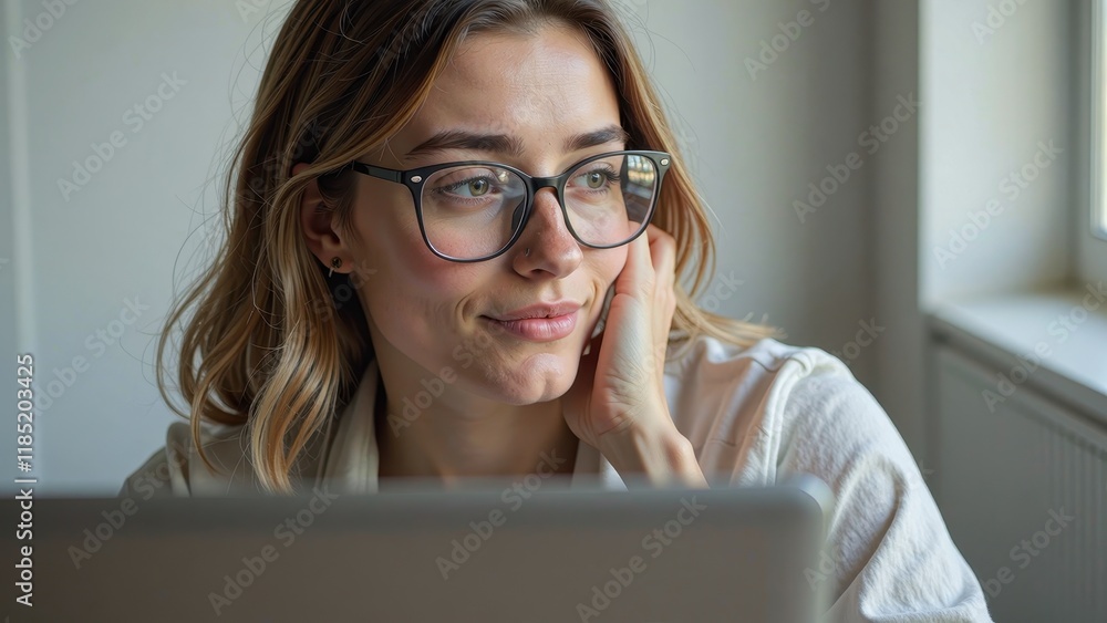 A young woman with stylish glasses and shoulder-length blonde hair, smiling as she taps into her tablet's screen with interest A young woman with stylish glasses and shoulder-length blonde hair, smiling as she taps into her tablet's screen with interest