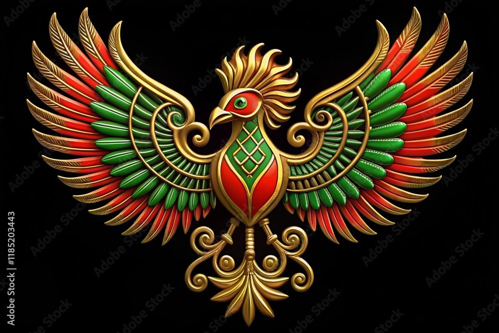 Fototapeta premium Stylized Sankofa bird with vibrant red and green wings outlined in gold, symbolizing African heritage and culture for Black History Month