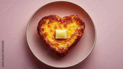 Cute heart-shaped pancake with syrup and a pat of butter in flat design.