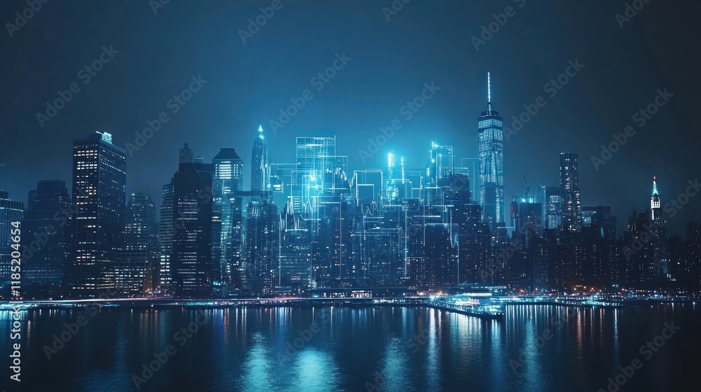Fototapeta premium Futuristic cityscape at night, glowing buildings reflected in water.