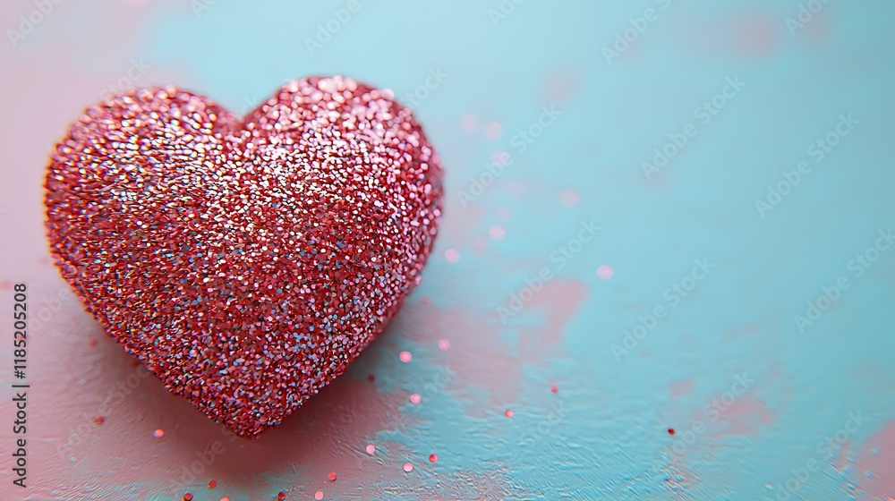 Fototapeta premium Minimal red heart icon with sparkles on a light pink background.