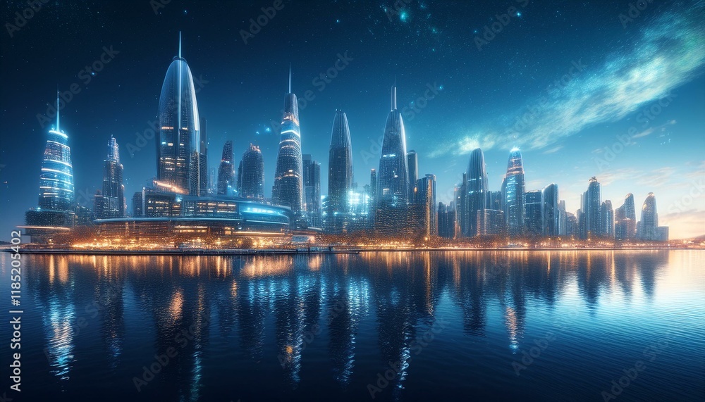Fototapeta premium 水上に輝く未来的都市の夜景背景