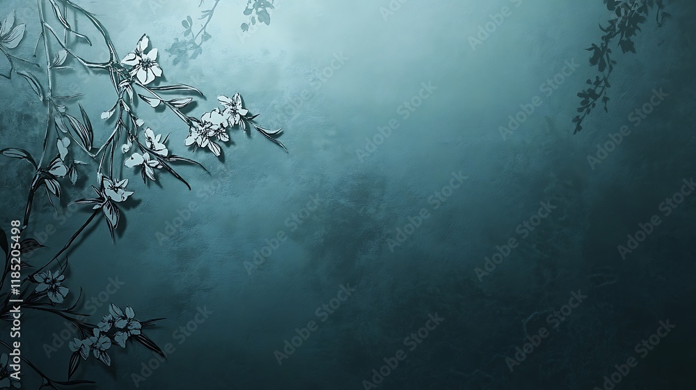 Teal Background with White Floral Branch Design