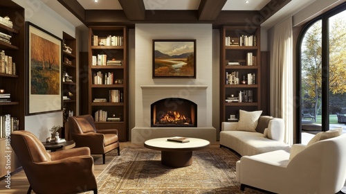 Wallpaper Mural Living room interior, modern coastal design, symmetrical layout, built-in bookshelves, fireplace, large windows, neutral color palette, circular coffee table, pendant light fixture, area rug, artwork, Torontodigital.ca