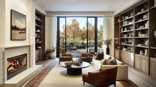 Wallpaper Mural Living room interior, modern coastal design, symmetrical layout, built-in bookshelves, fireplace, large windows, neutral color palette, circular coffee table, pendant light fixture, area rug, artwork, Torontodigital.ca