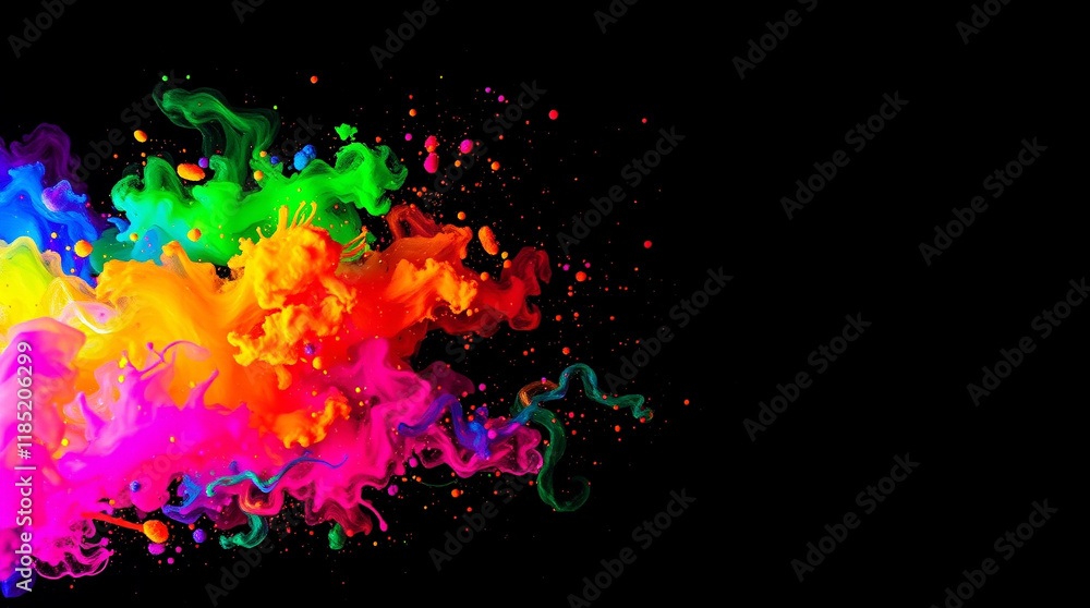 Obraz premium Vibrant rainbow colors explode in a mesmerizing dance against a black background. A burst of creativity and energy.