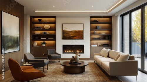 Wallpaper Mural Living room interior, modern coastal design, symmetrical layout, built-in bookshelves, fireplace, large windows, neutral color palette, circular coffee table, pendant light fixture, area rug, artwork, Torontodigital.ca