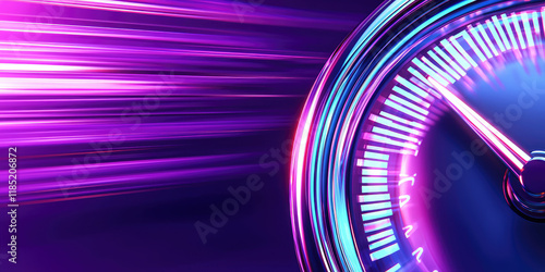 Fototapeta Naklejka Na Ścianę i Meble -  Neon glowing speedometer, 3d speed meter on abstract background, creative speed concept, wallpaper