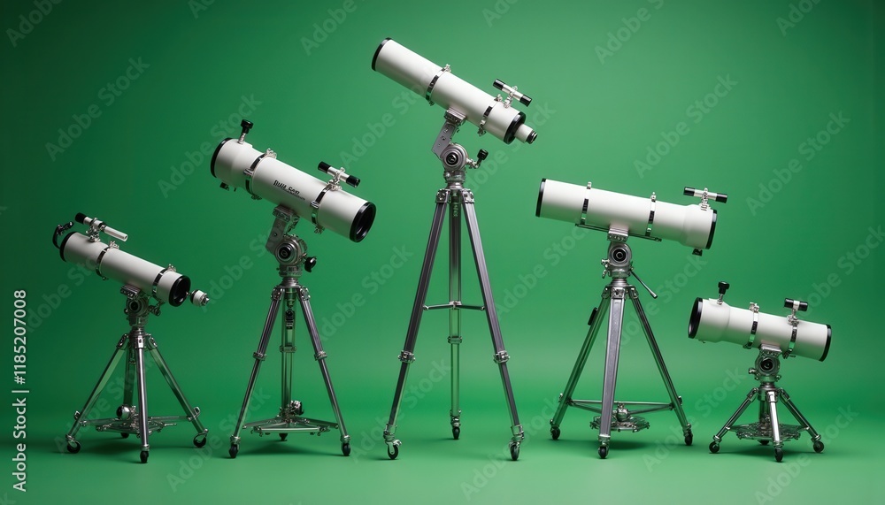 Five telescopes stand ready against a green backdrop suggesting exploration, scientific curiosity, ideal for educational content or astronomy presentations Five telescopes stand ready against a green backdrop suggesting exploration, scientific curiosity, ideal for educational content or astronomy presentations