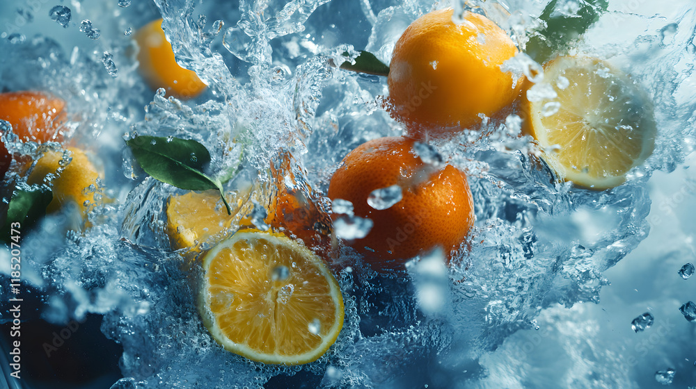 A mix of citrus fruits bursting out of icy water with splashes in cold blue tones A mix of citrus fruits bursting out of icy water with splashes in cold blue tones