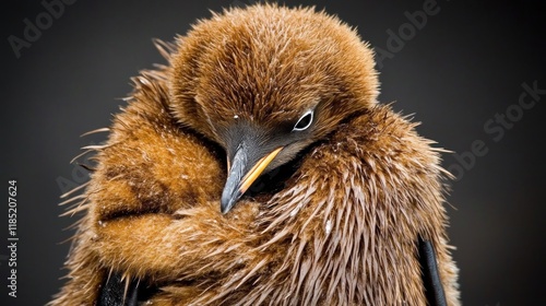 A close-up of a fluffy brown penguin chick nestled against itself. photo