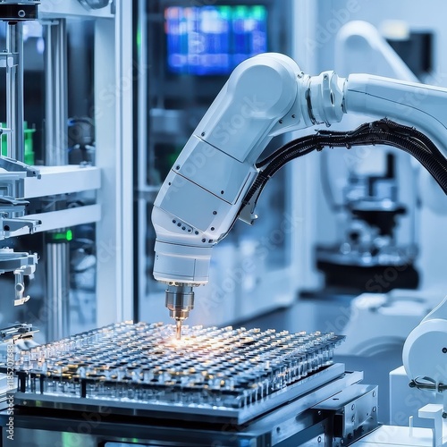 Advanced robotic arm performing precision tasks in high-tech laboratory