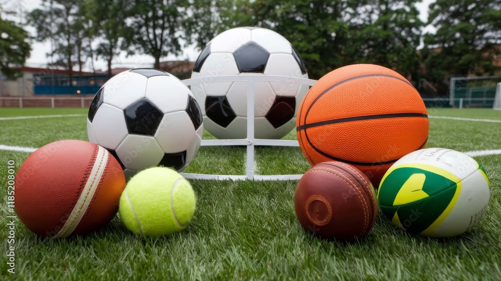 Various sports balls arranged on a green grass field Various sports balls arranged on a green grass field