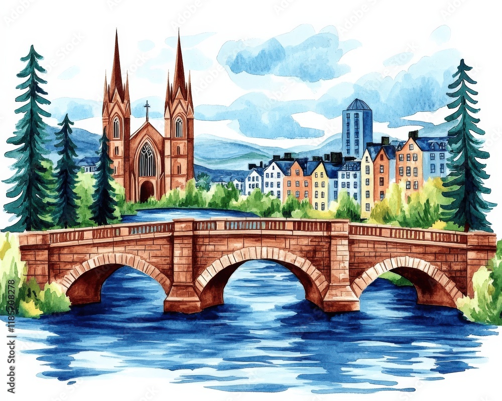 Naklejka premium Picturesque European River Scene with Stone Bridge, Gothic Church, Colorful Buildings, and Forest Landscape - Explore Scenic Urban Nature and Architecture