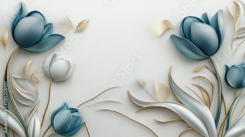 Elegant blue, white tulips, gold leaves, wall art, background