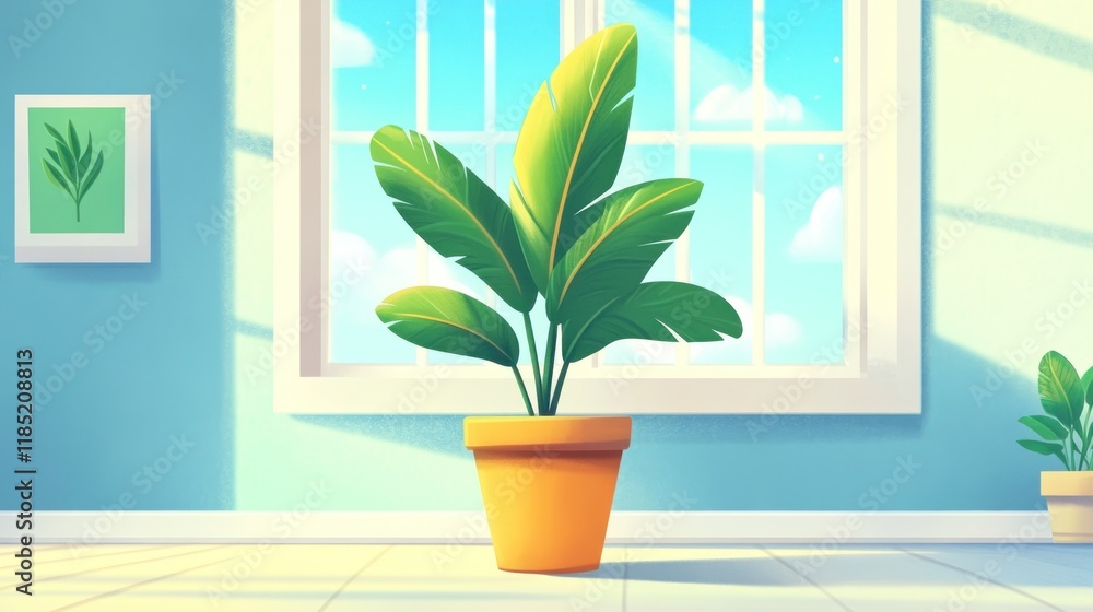 A potted plant sits on a wood floor in a room with a large window, sunlight streams in. A potted plant sits on a wood floor in a room with a large window, sunlight streams in.