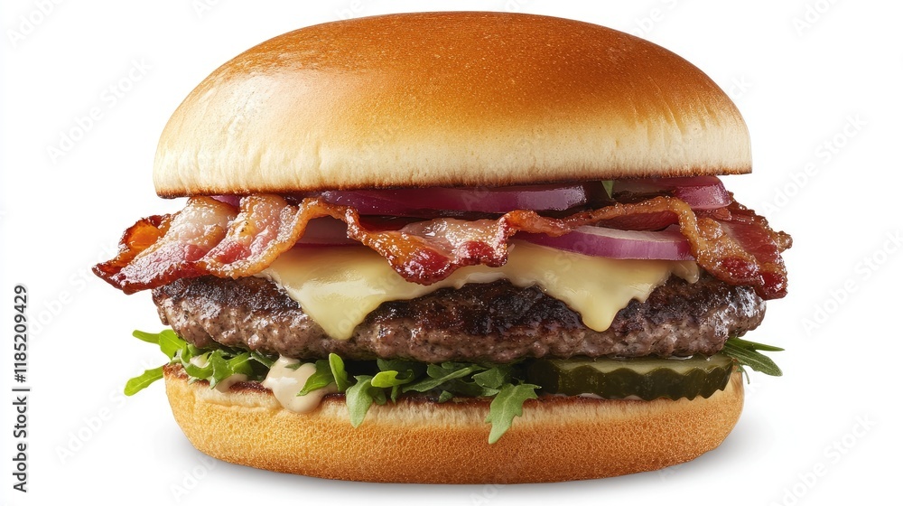 A detailed shot of a premium burger featuring crispy bacon, melted Swiss cheese, and fresh vegetables on a brioche bun